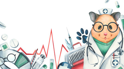 Veterinary set with doctor hamster, pet carrier, medicines. Watercolor illustration, hand drawn. Template on a white background, for the design of clinics, hospitals, pharmacies, medicines.