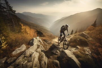 Fototapeta na wymiar mountain biker speeding down steep and rocky trail with breathtaking view, created with generative ai