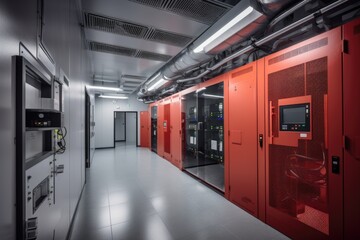 data center with security and fire prevention systems, including smoke detectors and sprinkler systems, created with generative ai