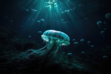 Obraz na płótnie Canvas deep-sea creature swimming through bioluminescent jellyfish field, created with generative ai