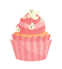Halloween cupcake concept. Dessert and delicacy for international holiday, bakery product. Pink cake with ghosts. Sticker for social networks and messengers. Cartoon flat vector illustration