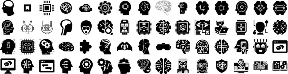 Set Of Intelligence Icons Isolated Silhouette Solid Icon With Robot, Digital, Technology, Intelligence, Artificial, Ai, Concept Infographic Simple Vector Illustration Logo