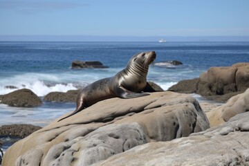 pinniped sunning on rocky shore, with view of ocean in the background, created with generative ai