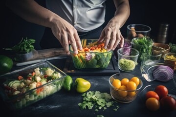 Obraz na płótnie Canvas meal-prepping chef, chopping and cooking fresh ingredients for healthy meal, created with generative ai