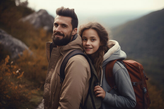 AI Generative: Mountain Escapades - Front View Lifestyle Image of a Smiling Family on a Thrilling Hiking Expedition