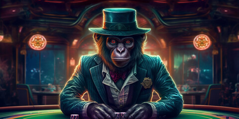 Stylish monkey in a luxurious suit at the gaming table in the casino, poker player. Concept of gambling and rich life. ai generated