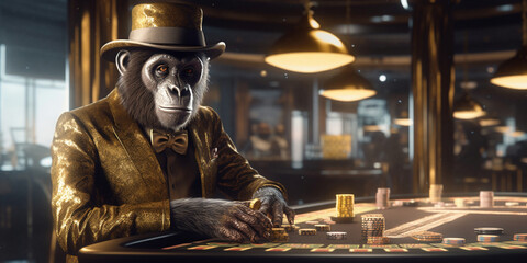 Stylish monkey in a luxurious suit at the gaming table in the casino. Concept of gambling and rich life. ai generated