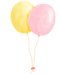 Yellow and pink balloons with red ribbon watercolor illustration isolated on white background