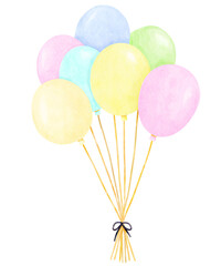 Set of cute pastel colorful balloons with ribbon watercolor illustration isolated on white background