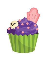 Halloween cupcake concept. Dessert and delicacy for international holiday. Sweet and junk food, bakery. Violet cake with skull. Social media sticker. Cartoon flat vector illustration