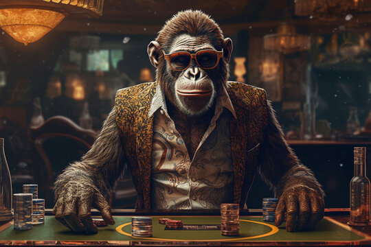 Stylish monkey in a luxurious suit at the gaming table in the casino. Concept of gambling and rich life. ai generated