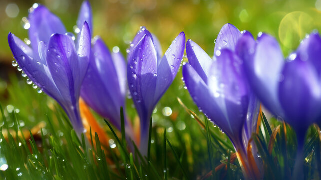 Spring flowers of blue crocuses under the rain