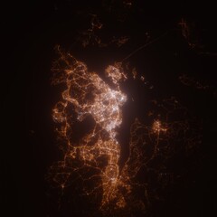 Stavanger (Norway) street lights map. Satellite view on modern city at night. Imitation of aerial view on roads network. 3d render