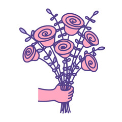 Fototapeta na wymiar A hand holding a bouquet of ranunculus and roses flowers. Flower shop vector illustration for card, wedding celebration.