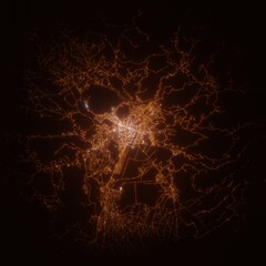 Podgorica (Montenegro) street lights map. Satellite view on modern city at night. Imitation of aerial view on roads network. 3d render