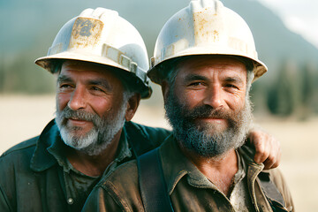 Fototapeta premium Image of a middle-aged or senior dirty coal miner. (AI-generated fictional illustration)