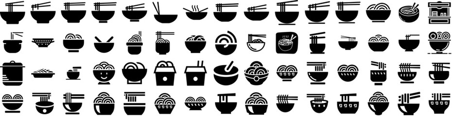 Set Of Noodles Icons Isolated Silhouette Solid Icon With Meal, Chopsticks, Food, Bowl, Asian, Chinese, Lunch Infographic Simple Vector Illustration Logo