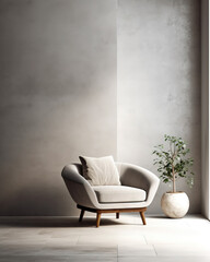 Modern interior with armchair, plant and concrete wall