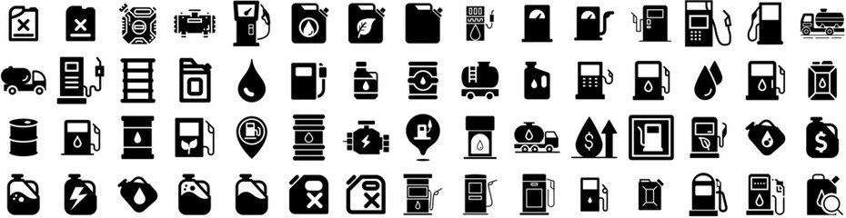 Set Of Petrol Icons Isolated Silhouette Solid Icon With Gas, Petrol, Station, Fuel, Oil, Energy, Gasoline Infographic Simple Vector Illustration Logo