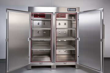temperature-controlled holding cabinet with doors open, revealing refrigerated interior, created with generative ai