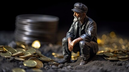 Worker on coin, miniature figure. Concept of hard work, labor and salary. Toy man and money.