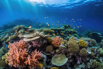 coral reef with schools of tropical fish swimming among colorful corals, created with generative ai