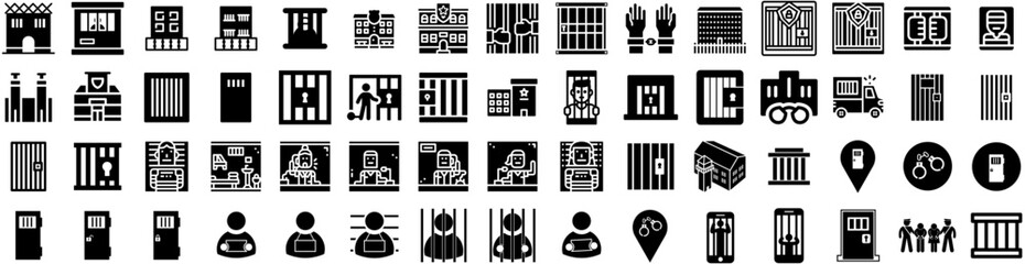 Set Of Prison Icons Isolated Silhouette Solid Icon With Punishment, Crime, Jail, Prison, Prisoner, Criminal, Justice Infographic Simple Vector Illustration Logo