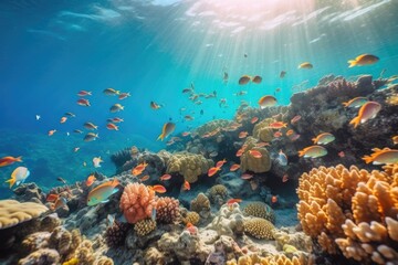 tropical fish school swimming among colorful coral reef, created with generative ai