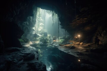 underwater cave system, with lights showing the way and illuminating the caverns, created with generative ai