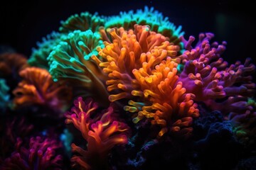 Fototapeta na wymiar close-up of colorful and fluorescent underwater flora, created with generative ai