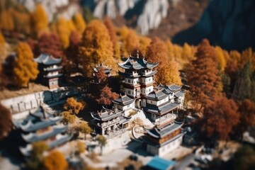 Naklejka na ściany i meble Chinese monastery in mountains in autumn landscape. Diorama Architecture of China. Miniature Traditional Medieval ancient Buddhist houses created with Generative AI Technology