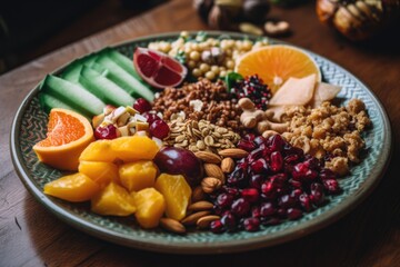Naklejka na ściany i meble a plate of nutritious and delicious zero-waste meal, with fruits, vegetables, grains & nuts, created with generative ai