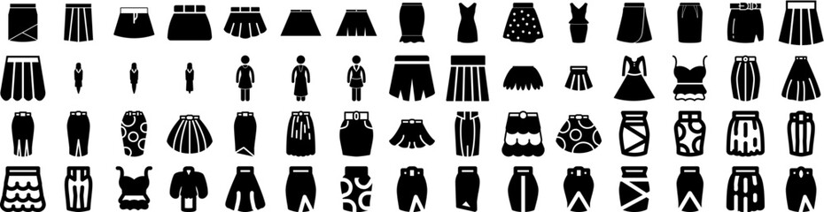 Set Of Skirt Icons Isolated Silhouette Solid Icon With Sketch, Design, Illustration, Fabric, Clothing, Fashion, Garment Infographic Simple Vector Illustration Logo