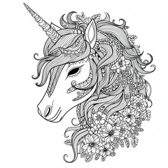 Unicorn with mandala-style patterns and floral decorations  