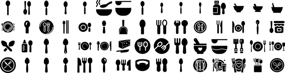 Set Of Spoon Icons Isolated Silhouette Solid Icon With Equipment, Meal, Kitchen, Utensil, Spoon, Food, Isolated Infographic Simple Vector Illustration Logo - obrazy, fototapety, plakaty