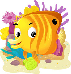 cartoon scene with coral reef with swimming fish isolated element illustration for children