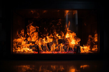 a flame from a fireplace with coal burning in it