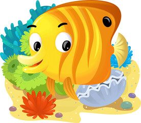cartoon scene with coral reef with swimming fish isolated element illustration for children