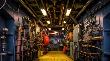 Engine room on a cargo boat ship. Generative Ai