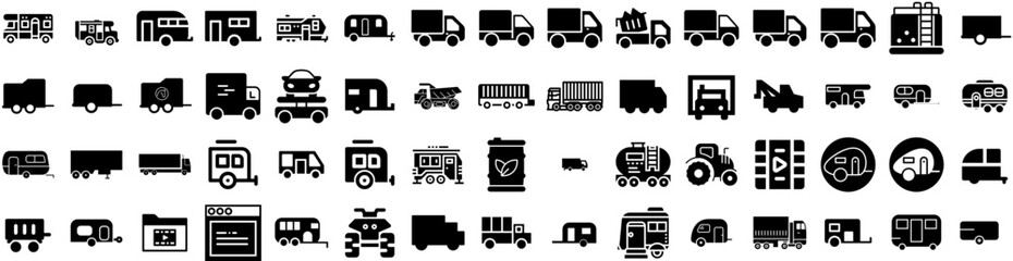 Set Of Trailer Icons Isolated Silhouette Solid Icon With Road, Truck, Transportation, Transport, Cargo, Freight, Trailer Infographic Simple Vector Illustration Logo