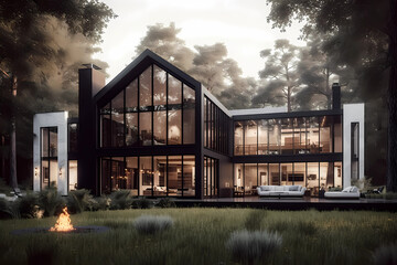 a house in the woods with an open fireplace and large windows