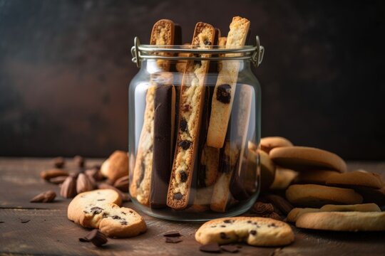biscotti jar filled with different varieties of biscotti, including chocolate chip and cinnamon, created with generative ai
