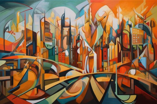 cubism-inspired painting of abstract cityscape, with buildings and bridges bursting with energy, created with generative ai
