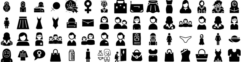 Set Of Women Icons Isolated Silhouette Solid Icon With Happy, Woman, Girl, Beautiful, Background, Female, Young Infographic Simple Vector Illustration Logo