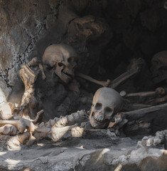 skulls and bones of people death by volcanic eruption Vesuvius, Naples