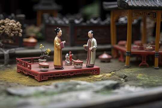 Chinese wedding in miniature style. Husband and wife in traditional Chinese clothes. Concept of love, tradition, family and relationships. Asian man and woman created with Generative AI Technology