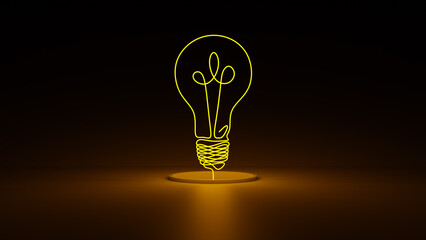 Yellow light bulb. Neon glow out of pipe or tunnel. wire of continuous one line idea light bulb.