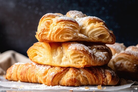 stack of croissants, layered with rich and flaky dough, and topped with a dusting of powdered sugar, created with generative ai