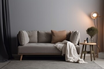minimalist living room with a comfortable sofa, cozy blanket and stylish lamp, created with generative ai