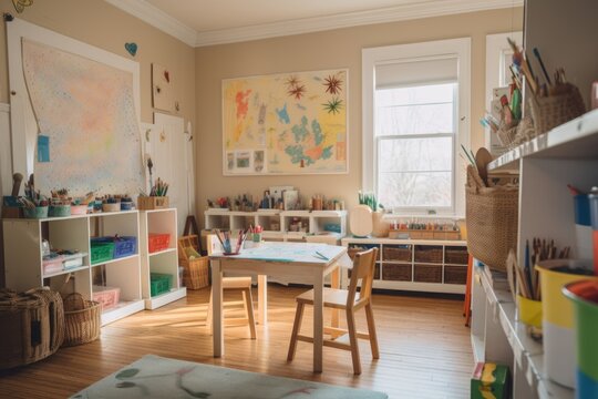 creative and stimulating home school environment with books, art supplies, and technological tools, created with generative ai